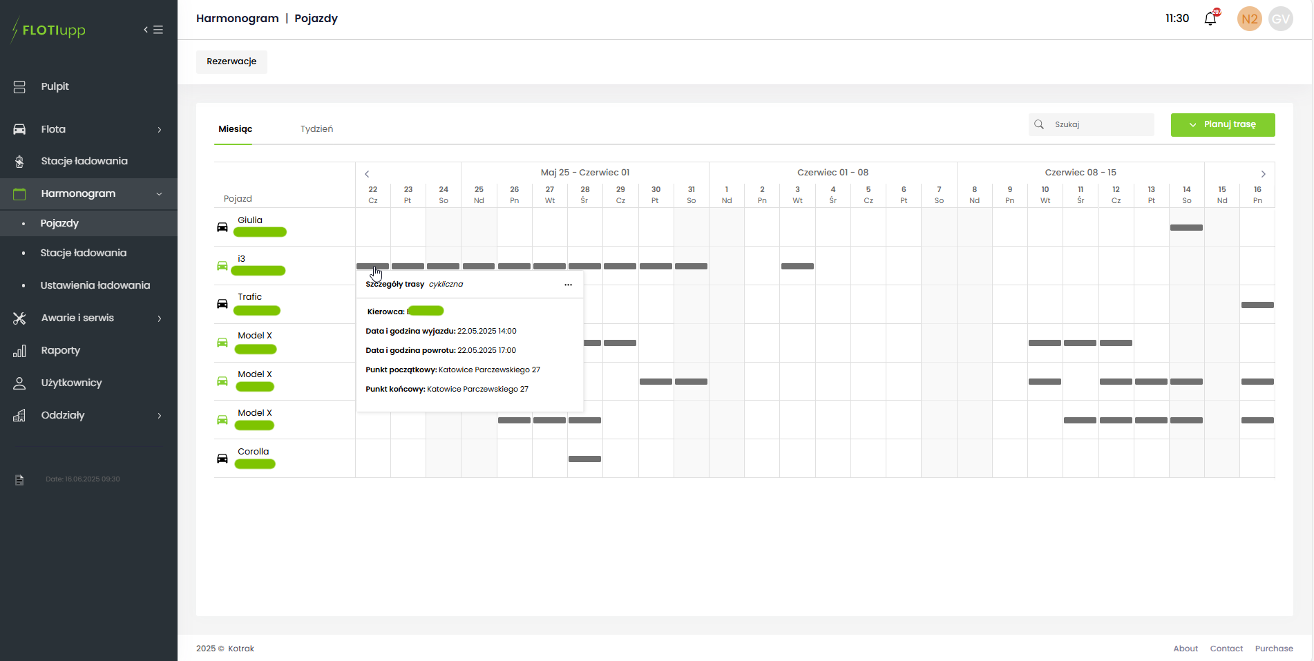 Harmonogram pojazdów